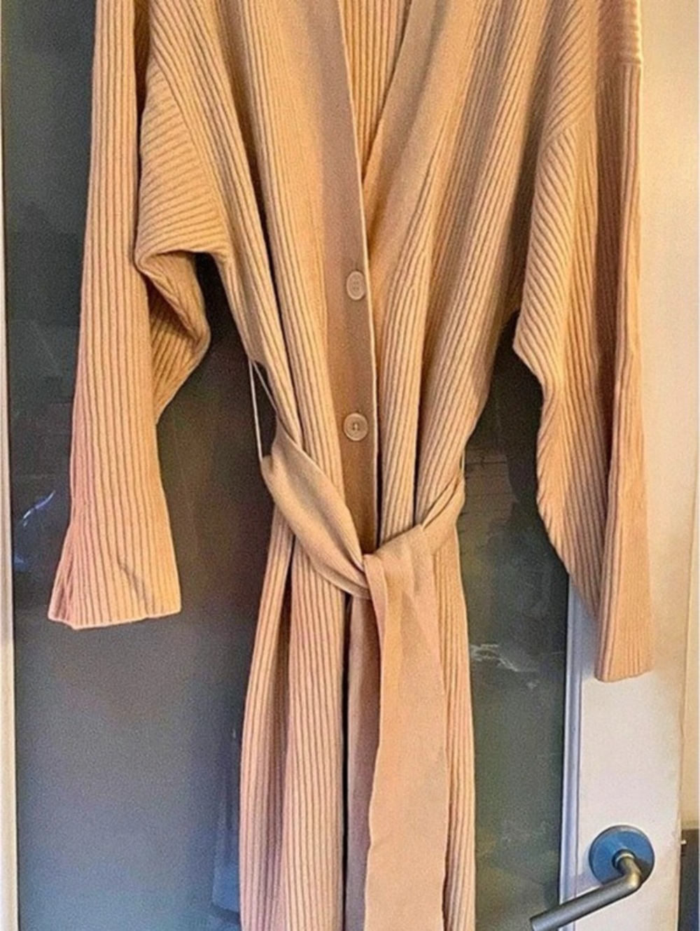 Marissa Webb Long Ribbed Cardigan Ribbed Tie-Front Cardigan in Beige Size Small